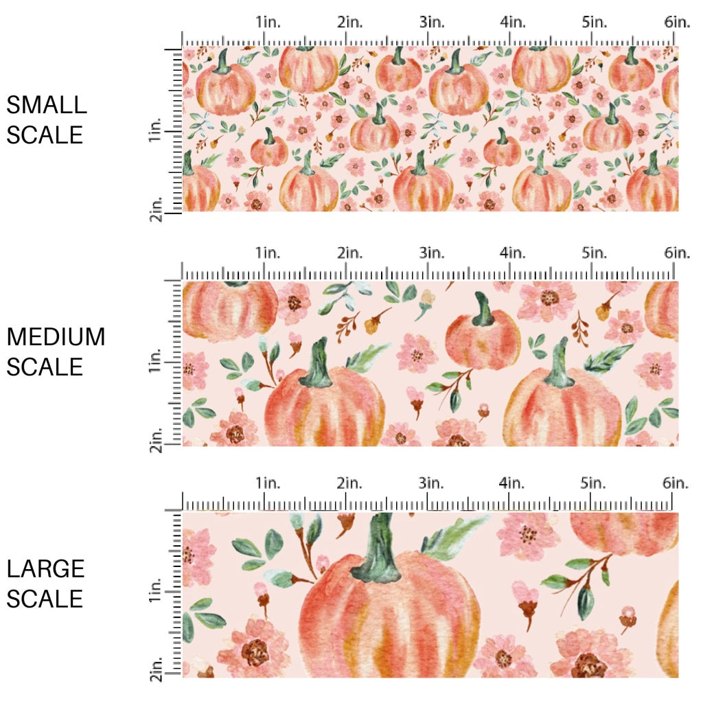 This scale chart of small scale, medium scale, and large scale of these Halloween themed pattern fabric by the yard features the following design elements: tiny pink flowers and orange pumpkins on pink. This fun spooky themed fabric can be used for all your sewing and crafting needs!