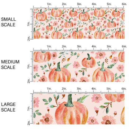 This scale chart of small scale, medium scale, and large scale of these Halloween themed pattern fabric by the yard features the following design elements: tiny pink flowers and orange pumpkins on pink. This fun spooky themed fabric can be used for all your sewing and crafting needs!