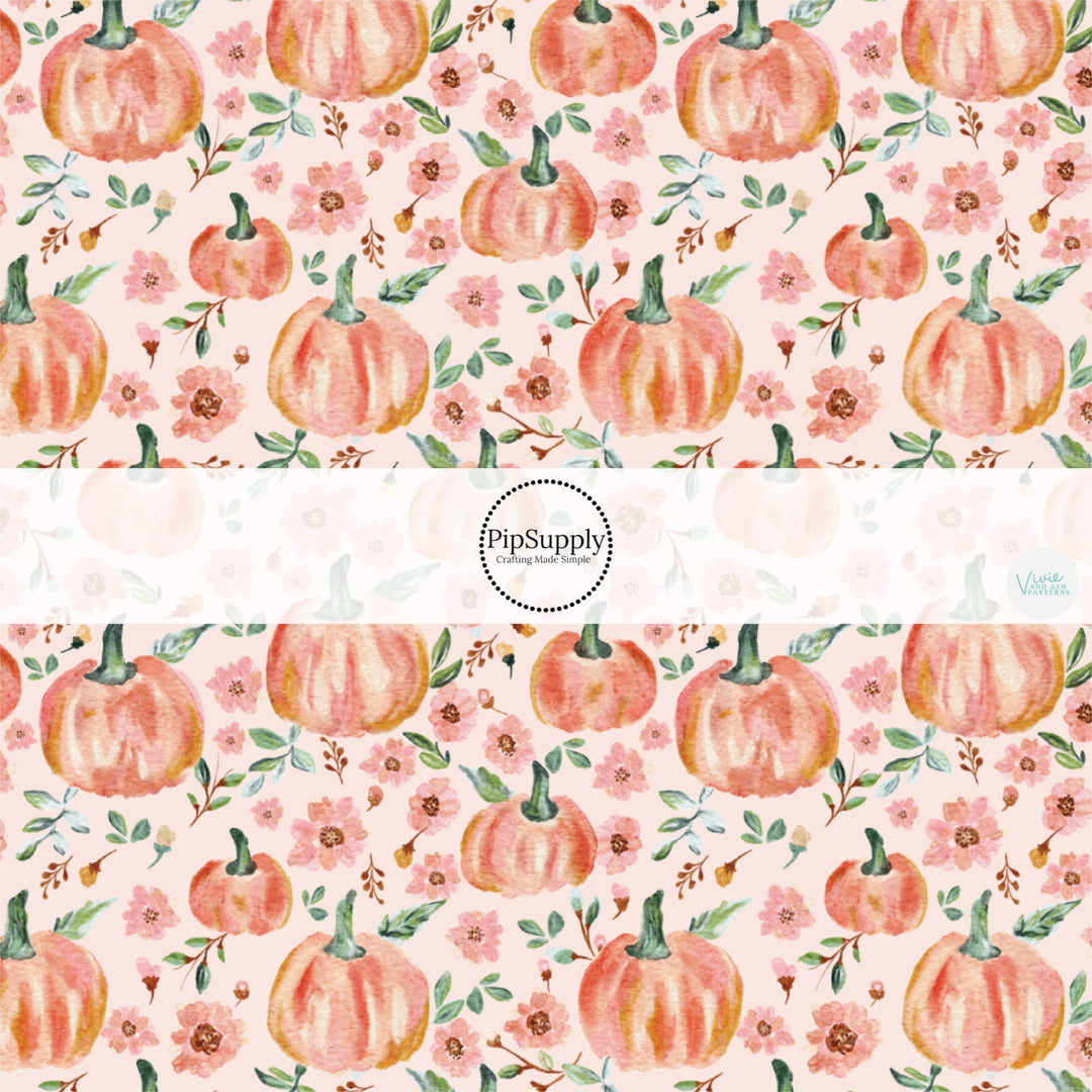 These Halloween themed pattern fabric by the yard features the following design elements: tiny pink flowers and orange pumpkins on pink. This fun spooky themed fabric can be used for all your sewing and crafting needs!