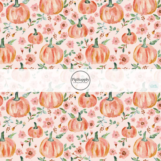 These Halloween themed pattern fabric by the yard features the following design elements: tiny pink flowers and orange pumpkins on pink. This fun spooky themed fabric can be used for all your sewing and crafting needs!