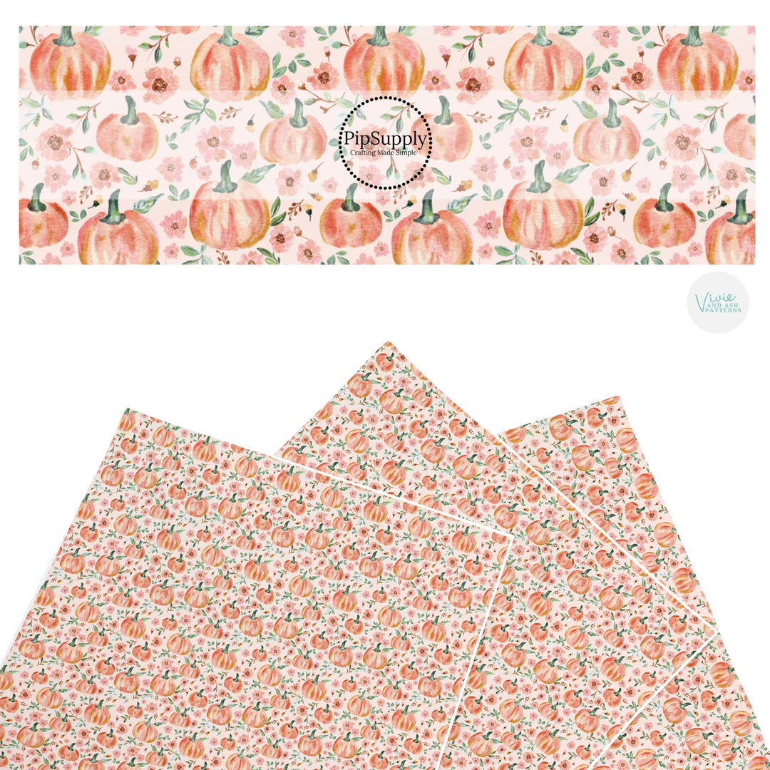 These Halloween themed pattern faux leather sheets contain the following design elements: tiny pink flowers and orange pumpkins on pink. Our CPSIA compliant faux leather sheets or rolls can be used for all types of crafting projects.