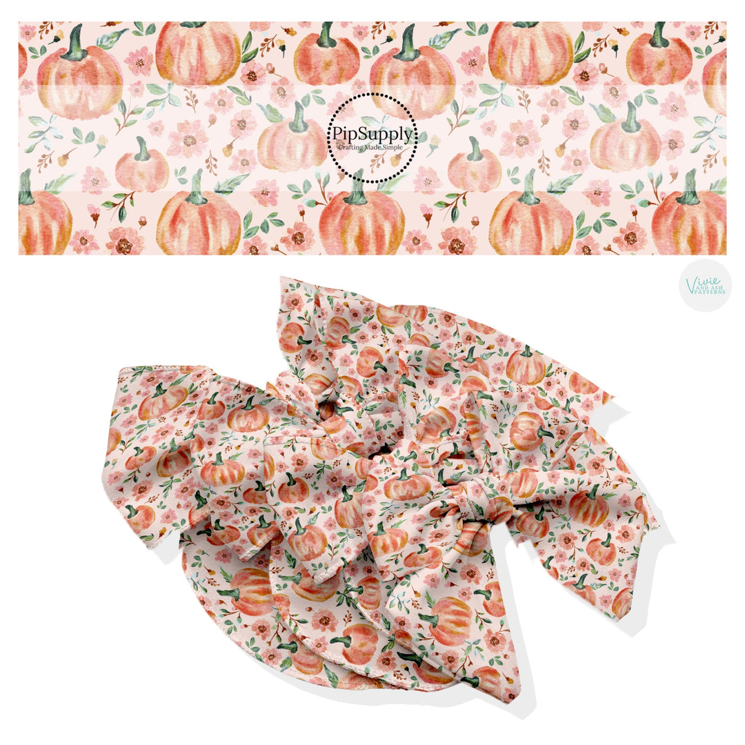 These Halloween themed no sew bow strips can be easily tied and attached to a clip for a finished hair bow. These fun floral patterned bow strips are great for personal use or to sell. These bow strips feature the following design elements: tiny pink flowers an and orange pumpkins on pink.