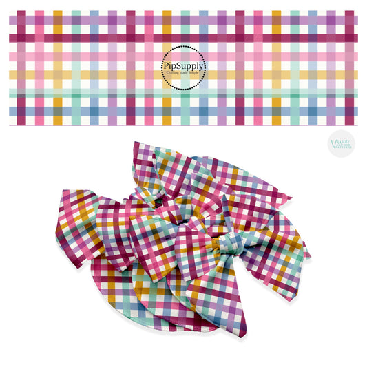 Pink, blue, yellow, and green plaid hair bow strips