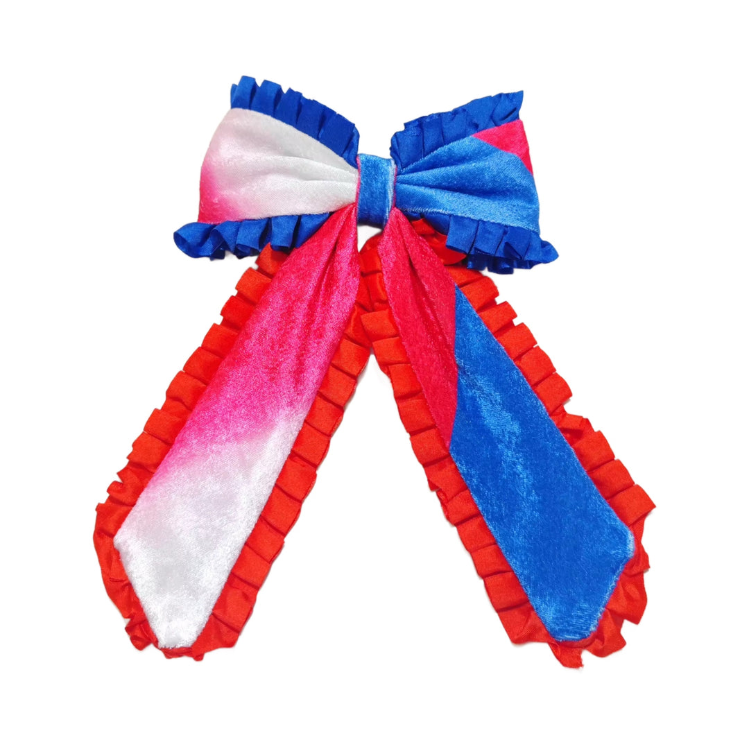 These patriotic ribbon edge long tail pre-cut tied bows are ready to package and resell to your customers no sewing or measuring necessary! These hair bows come with a clip already attached.