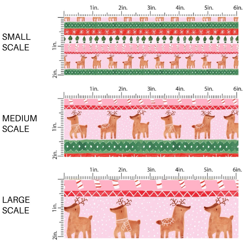 These Christmas themed pattern fabric by the yard features the following design elements: rows of reindeer, candy canes, and Christmas trees on pink. This fun themed fabric can be used for all your sewing and crafting needs!