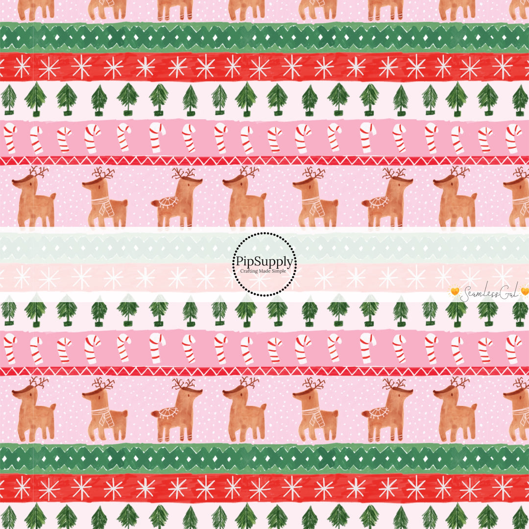 These Christmas themed pattern fabric by the yard features the following design elements: rows of reindeer, candy canes, and Christmas trees on pink. This fun themed fabric can be used for all your sewing and crafting needs!