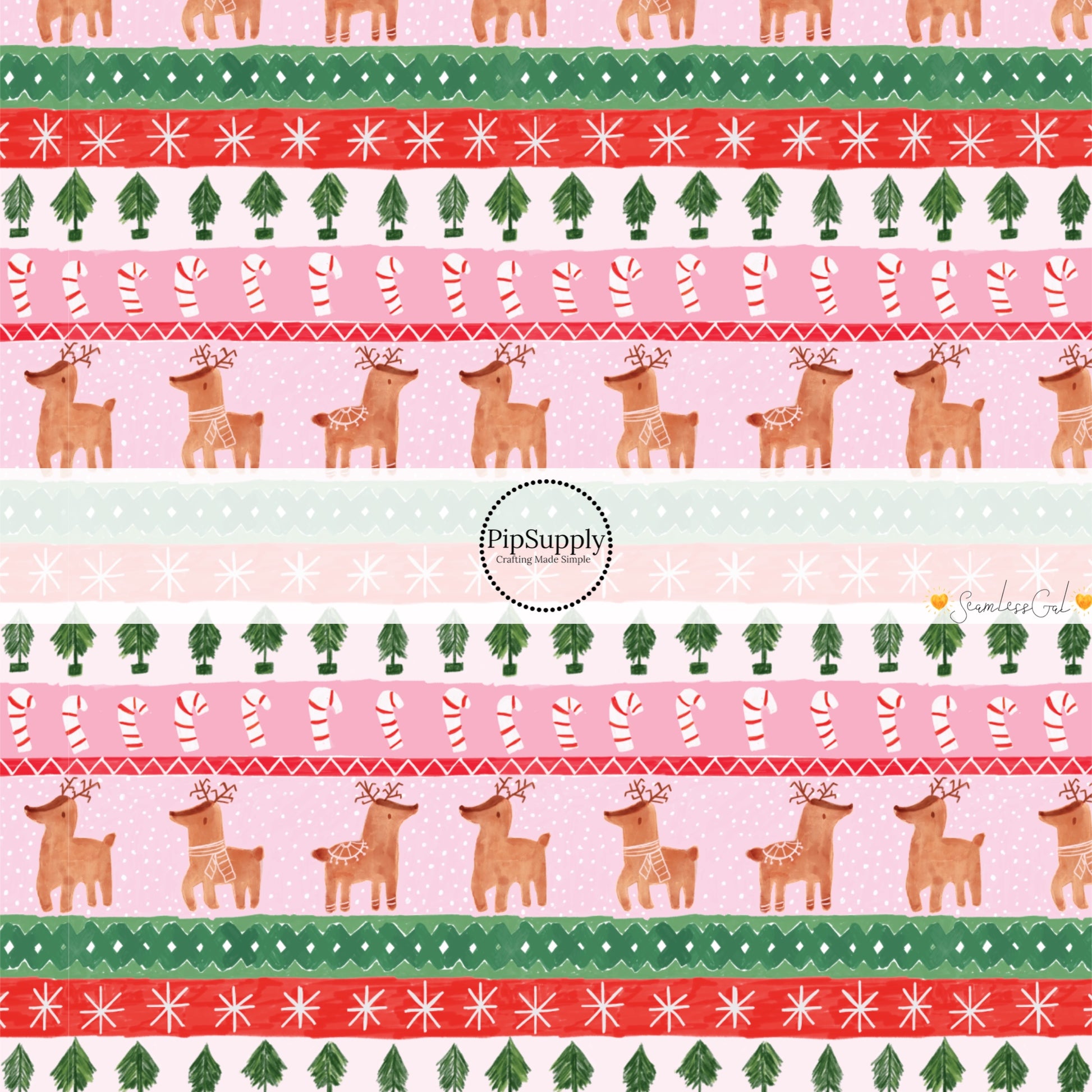 These Christmas themed pattern fabric by the yard features the following design elements: rows of reindeer, candy canes, and Christmas trees on pink. This fun themed fabric can be used for all your sewing and crafting needs!