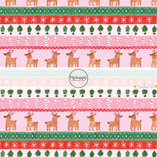 These Christmas themed pattern fabric by the yard features the following design elements: rows of reindeer, candy canes, and Christmas trees on pink. This fun themed fabric can be used for all your sewing and crafting needs!