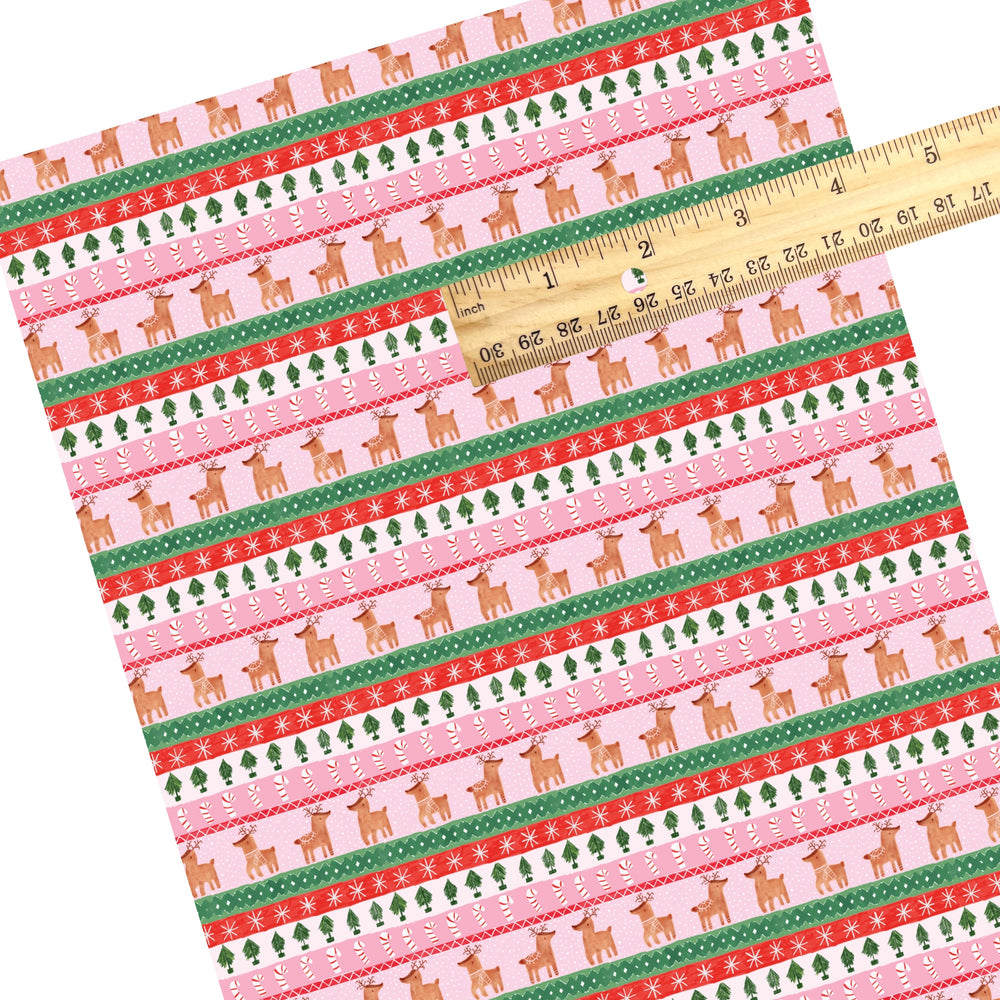 These Christmas themed pattern faux leather sheets contain the following design elements: rows of reindeer, candy canes, and Christmas trees on pink. Our CPSIA compliant faux leather sheets or rolls can be used for all types of crafting projects.