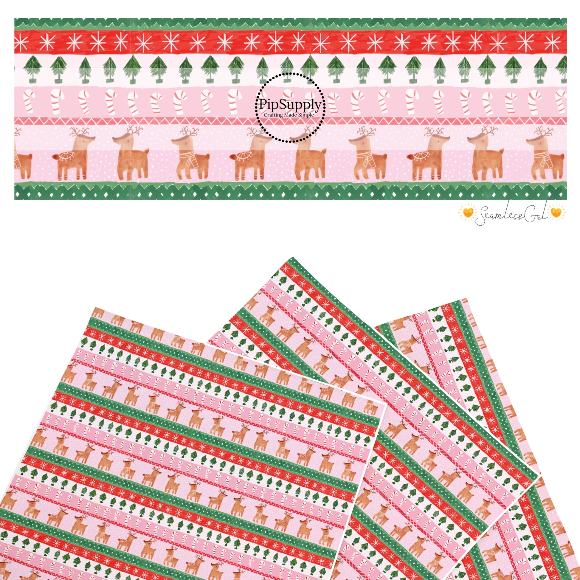 These Christmas themed pattern faux leather sheets contain the following design elements: rows of reindeer, candy canes, and Christmas trees on pink. Our CPSIA compliant faux leather sheets or rolls can be used for all types of crafting projects.