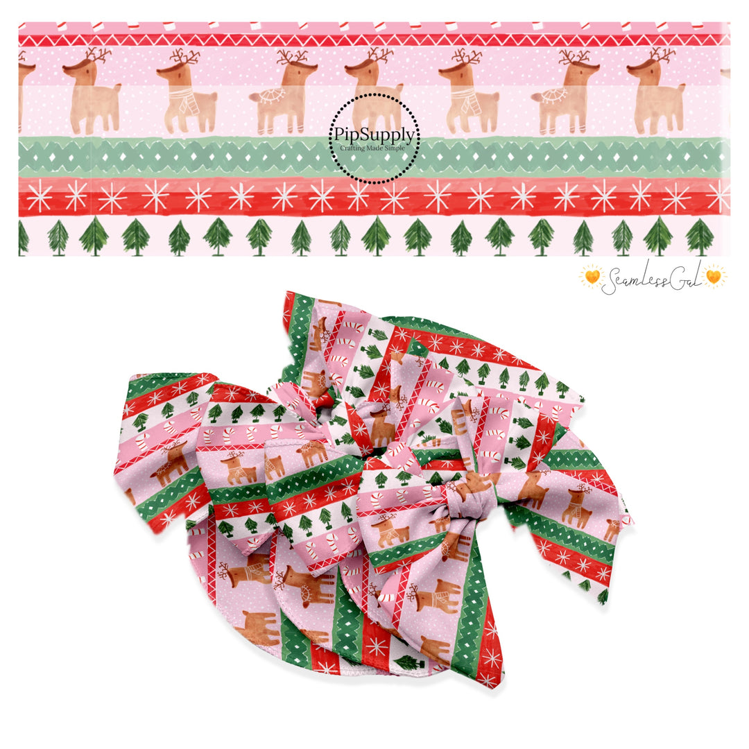 These Christmas themed no sew bow strips can be easily tied and attached to a clip for a finished hair bow. These fun patterned bow strips are great for personal use or to sell. These bow strips feature the following design elements: rows of reindeer, candy canes, and Christmas trees on pink.