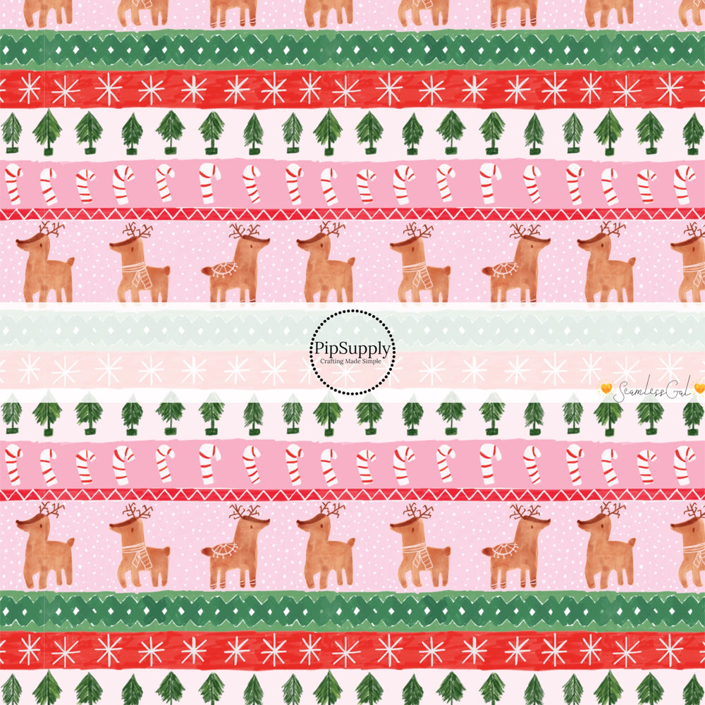 These Christmas themed no sew bow strips can be easily tied and attached to a clip for a finished hair bow. These fun patterned bow strips are great for personal use or to sell. These bow strips feature the following design elements: rows of reindeer, candy canes, and Christmas trees on pink.