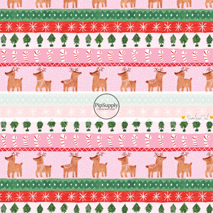 These Christmas themed no sew bow strips can be easily tied and attached to a clip for a finished hair bow. These fun patterned bow strips are great for personal use or to sell. These bow strips feature the following design elements: rows of reindeer, candy canes, and Christmas trees on pink.