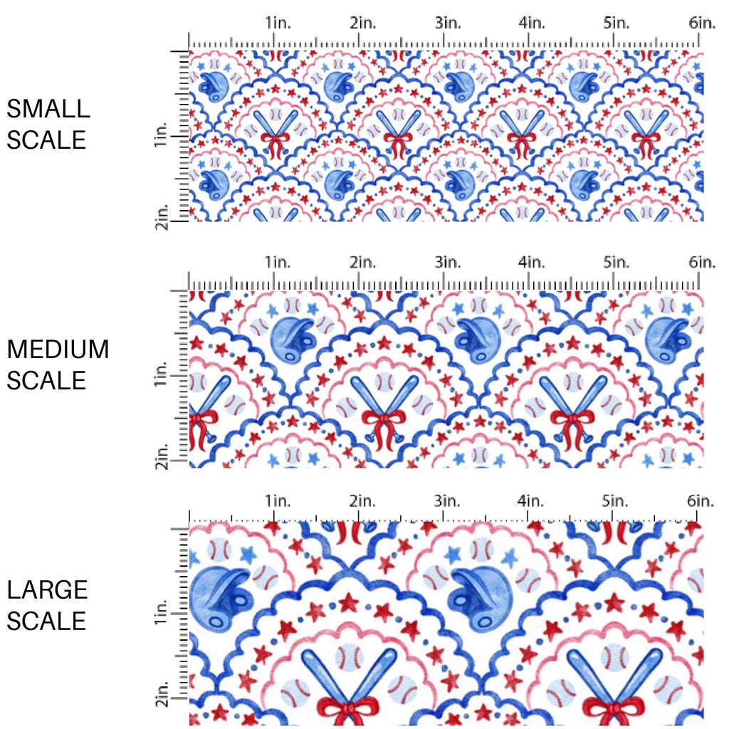 These patriotic fabric by the yard features watercolor scalloped baseball patterns. This fun pattern fabric can be used for all your sewing and crafting needs!