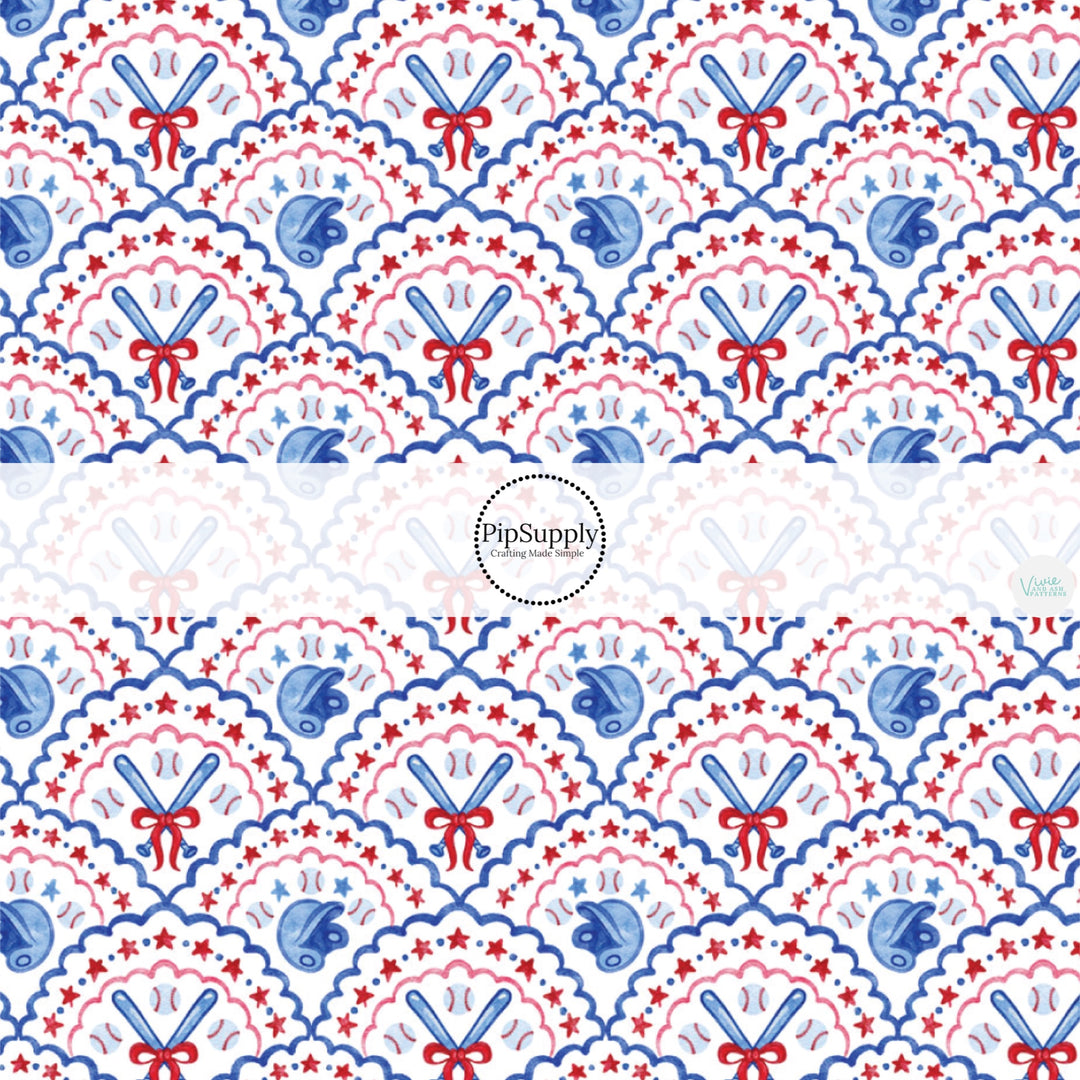 These patriotic fabric by the yard features watercolor scalloped baseball patterns. This fun pattern fabric can be used for all your sewing and crafting needs!