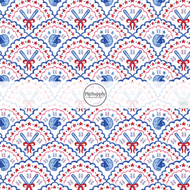 These patriotic fabric by the yard features watercolor scalloped baseball patterns. This fun pattern fabric can be used for all your sewing and crafting needs!