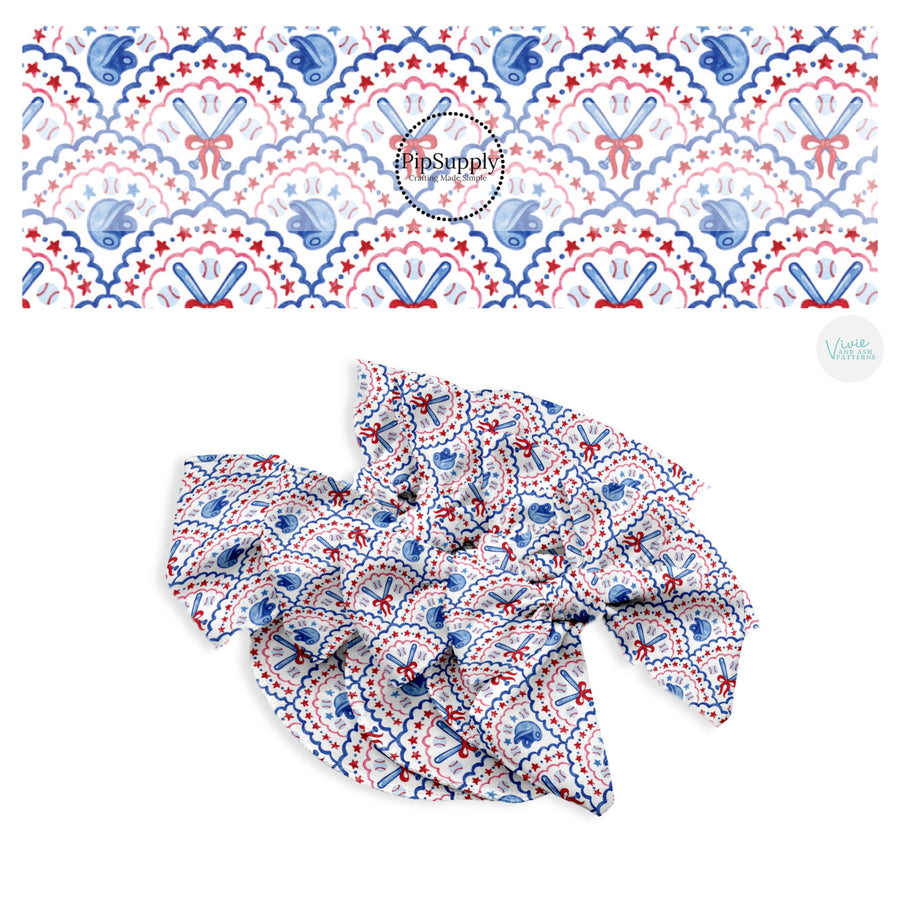 These patriotic scalloped pattern themed no sew bow strips can be easily tied and attached to a clip for a finished hair bow. These festive bow strips are great for personal use or to sell. These bow strips feature the following design elements: watercolor scalloped baseball patterns.