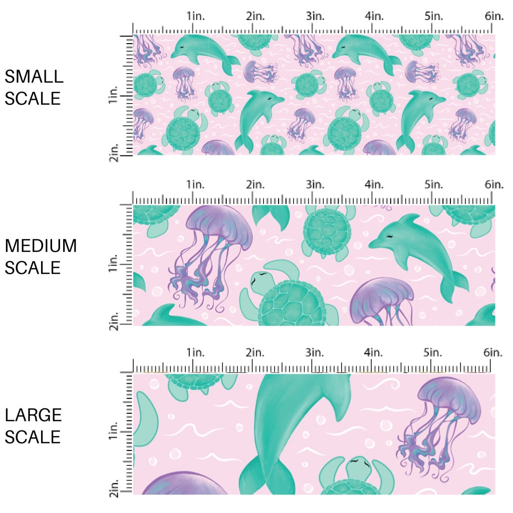 This scale chart of small scale, medium scale, and large scale of this ocean fabric by the yard features sea creatures on pink. This fun summer themed fabric can be used for all your sewing and crafting needs!