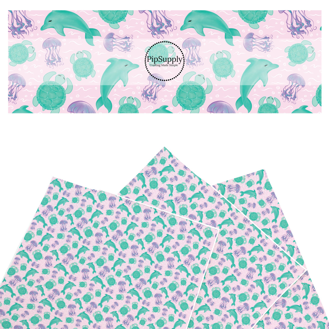 These beach faux leather sheets contain the following design elements: sea creatures on pink. Our CPSIA compliant faux leather sheets or rolls can be used for all types of crafting projects.