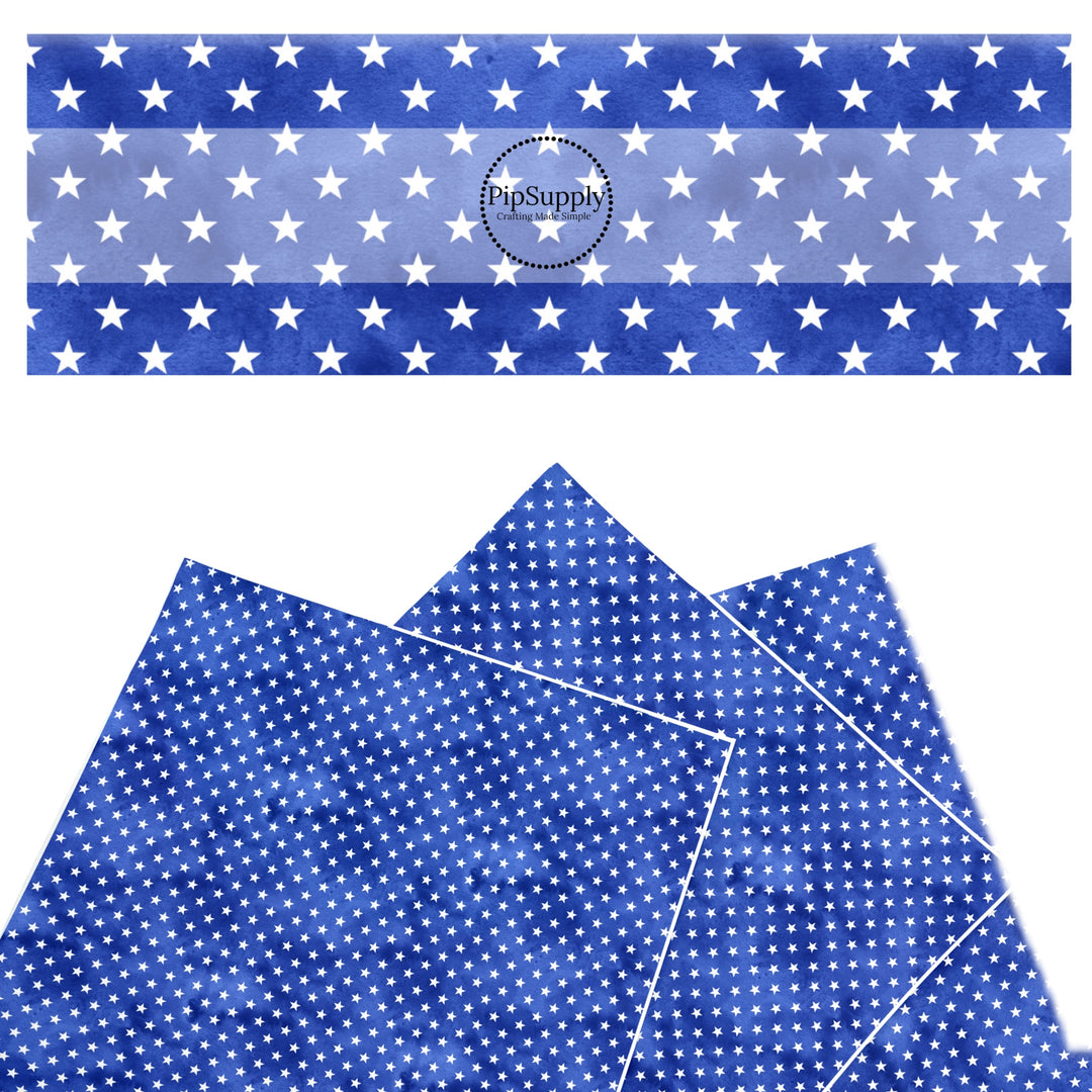 These patriotic faux leather sheets contain the following design elements: white stars on blue. Our CPSIA compliant faux leather sheets or rolls can be used for all types of crafting projects.