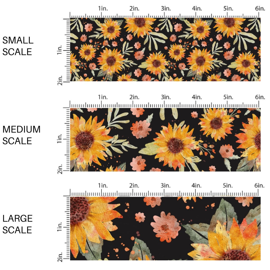 This scale chart of small scale, medium scale, and large scale of these fall themed pattern fabric by the yard features the following design elements: fall sunflowers. This fun themed fabric can be used for all your sewing and crafting needs!