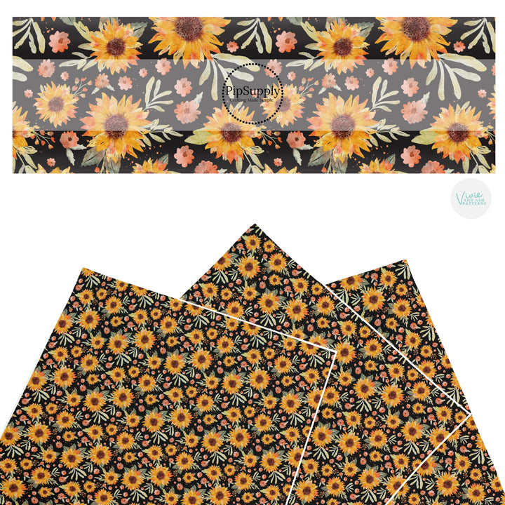 These fall themed pattern faux leather sheets contain the following design elements: fall sunflowers. Our CPSIA compliant faux leather sheets or rolls can be used for all types of crafting projects.