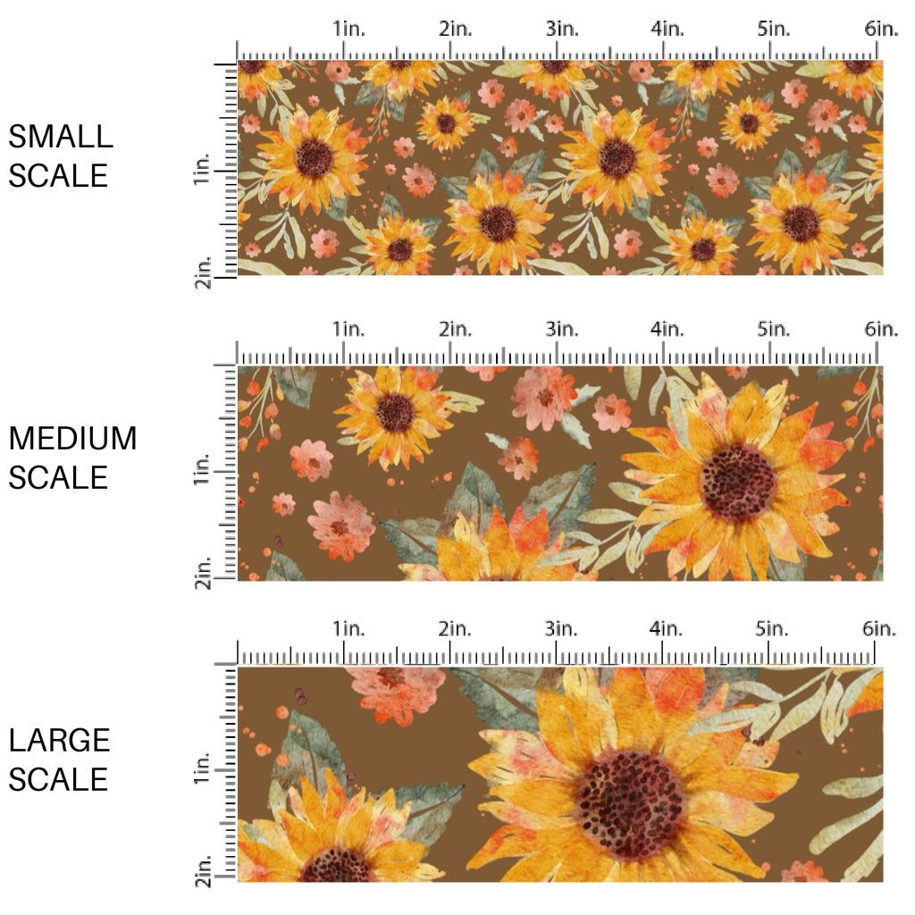 This scale chart of these fall themed pattern fabric by the yard features the following design elements: sunflowers on brown. This fun themed fabric can be used for all your sewing and crafting needs!