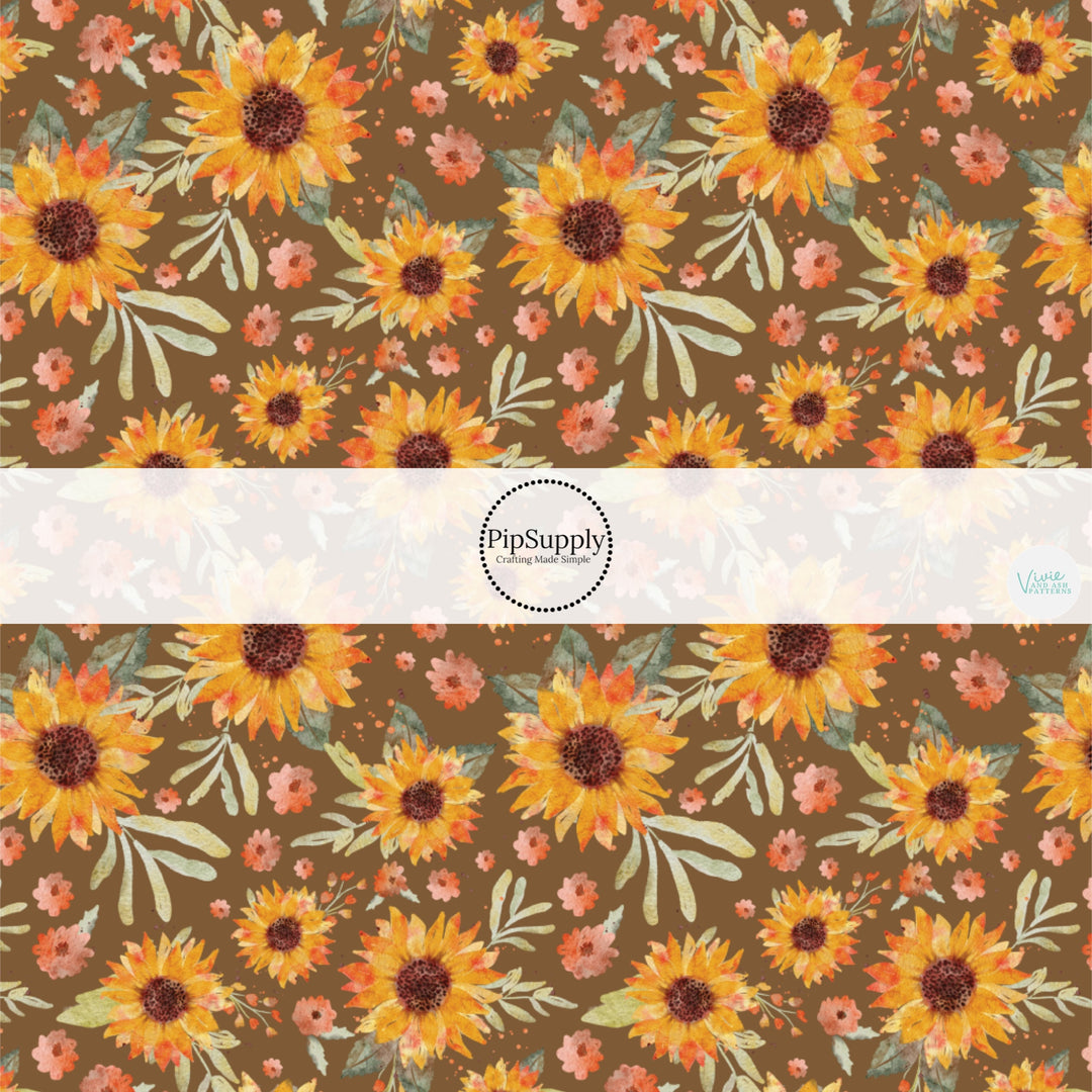 These fall themed pattern fabric by the yard features the following design elements: sunflowers on brown. This fun themed fabric can be used for all your sewing and crafting needs!