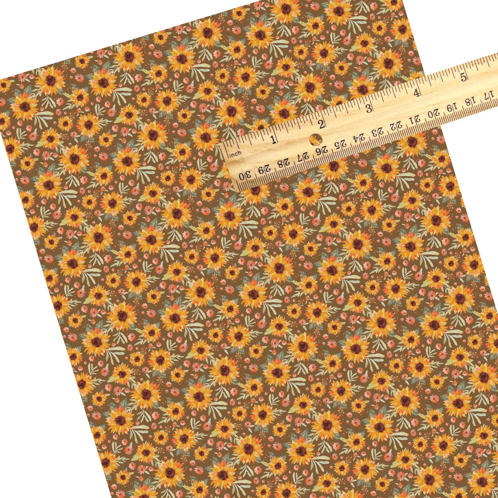 These fall themed pattern faux leather sheets contain the following design elements: sunflowers on brown. Our CPSIA compliant faux leather sheets or rolls can be used for all types of crafting projects.