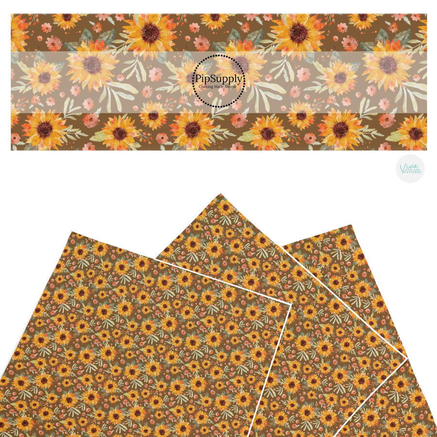 These fall themed pattern faux leather sheets contain the following design elements: sunflowers on brown. Our CPSIA compliant faux leather sheets or rolls can be used for all types of crafting projects.