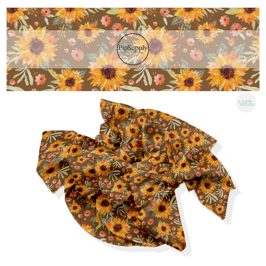 These fall themed no sew bow strips can be easily tied and attached to a clip for a finished hair bow. These fun patterned bow strips are great for personal use or to sell. These bow strips feature the following design elements: sunflowers on brown.