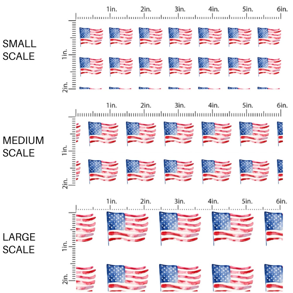 These patriotic fabric by the yard features watercolor American flags. This fun pattern fabric can be used for all your sewing and crafting needs!