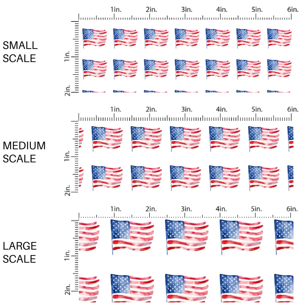 These patriotic fabric by the yard features watercolor American flags. This fun pattern fabric can be used for all your sewing and crafting needs!