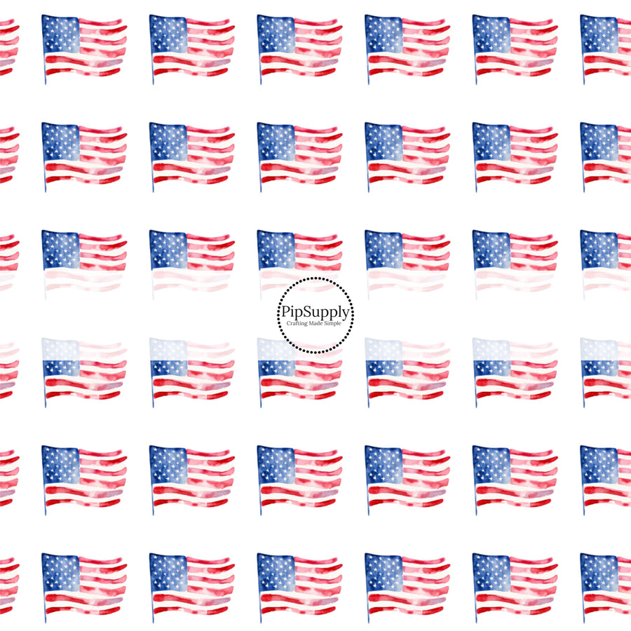 These patriotic fabric by the yard features watercolor American flags. This fun pattern fabric can be used for all your sewing and crafting needs!