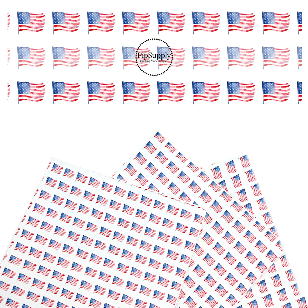 These patriotic faux leather sheets contain the following design elements: watercolor American flags. Our CPSIA compliant faux leather sheets or rolls can be used for all types of crafting projects.