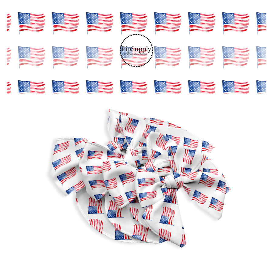 These patriotic pattern no sew bow strips can be easily tied and attached to a clip for a finished hair bow. These festive bow strips are great for personal use or to sell. These bow strips feature the following design elements: watercolor American flags.