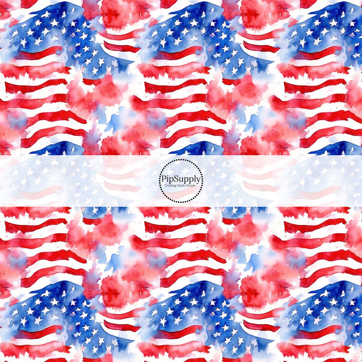 These patriotic fabric by the yard features watercolor waving flags. This fun pattern fabric can be used for all your sewing and crafting needs!