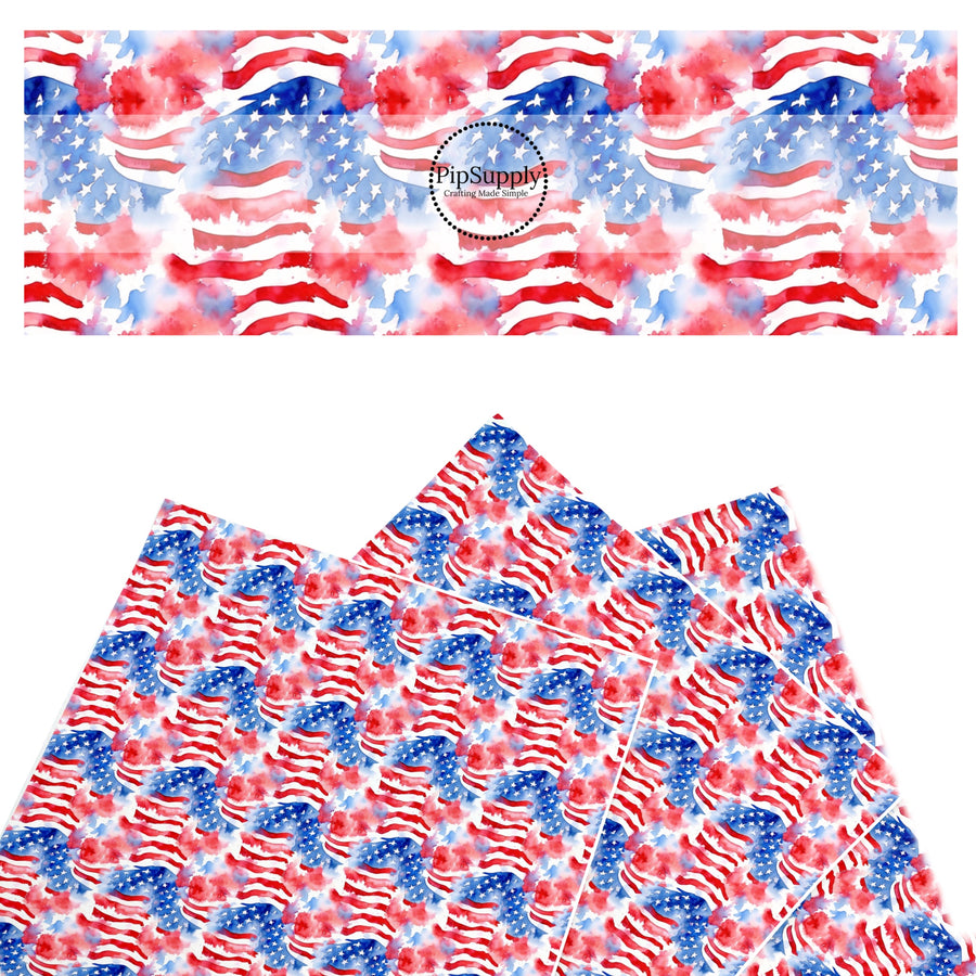 These patriotic faux leather sheets contain the following design elements: watercolor waving flags. Our CPSIA compliant faux leather sheets or rolls can be used for all types of crafting projects.