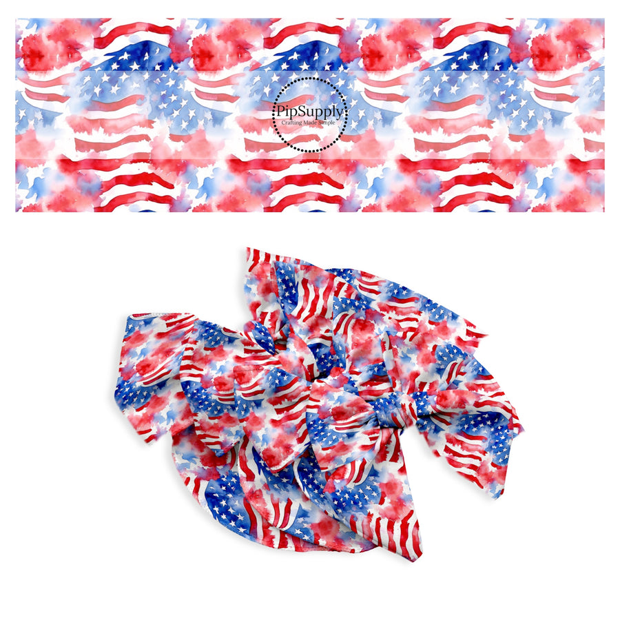 These patriotic flag pattern no sew bow strips can be easily tied and attached to a clip for a finished hair bow. These festive bow strips are great for personal use or to sell. These bow strips feature the following design elements: watercolor waving flags.