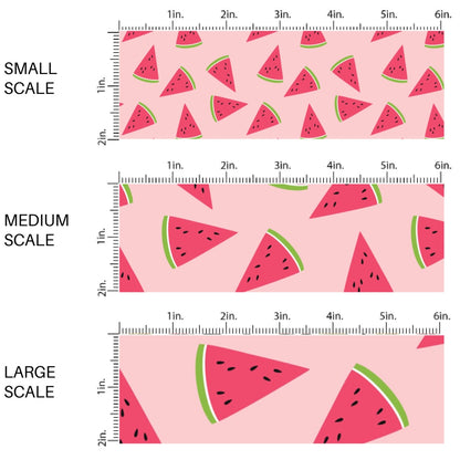 This scale chart of small scale, medium scale, and large scale of this summer fabric by the yard features watermelon slices on pink. This fun themed fabric can be used for all your sewing and crafting needs!