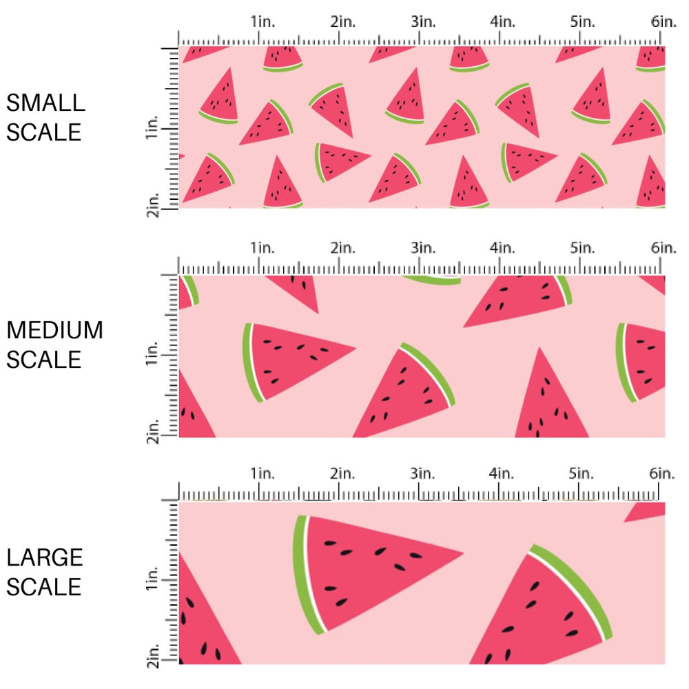 This scale chart of small scale, medium scale, and large scale of this summer fabric by the yard features watermelon slices on pink. This fun themed fabric can be used for all your sewing and crafting needs!