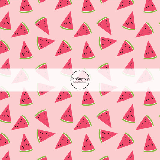 This summer fabric by the yard features watermelon slices on pink. This fun themed fabric can be used for all your sewing and crafting needs!