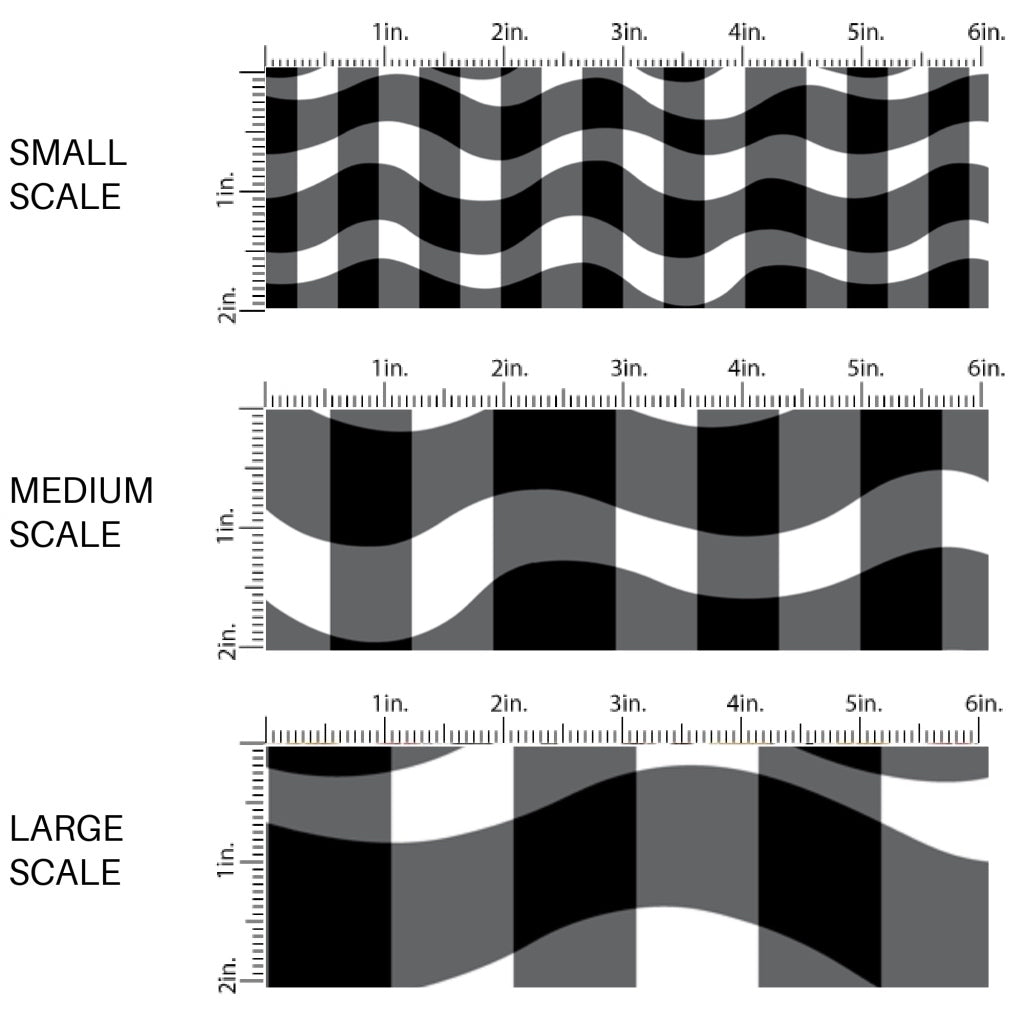 This scale chart of small scale, medium scale, and large scale of these school themed fabric by the yard features black and white gingham waves. This fun themed fabric can be used for all your sewing and crafting needs!