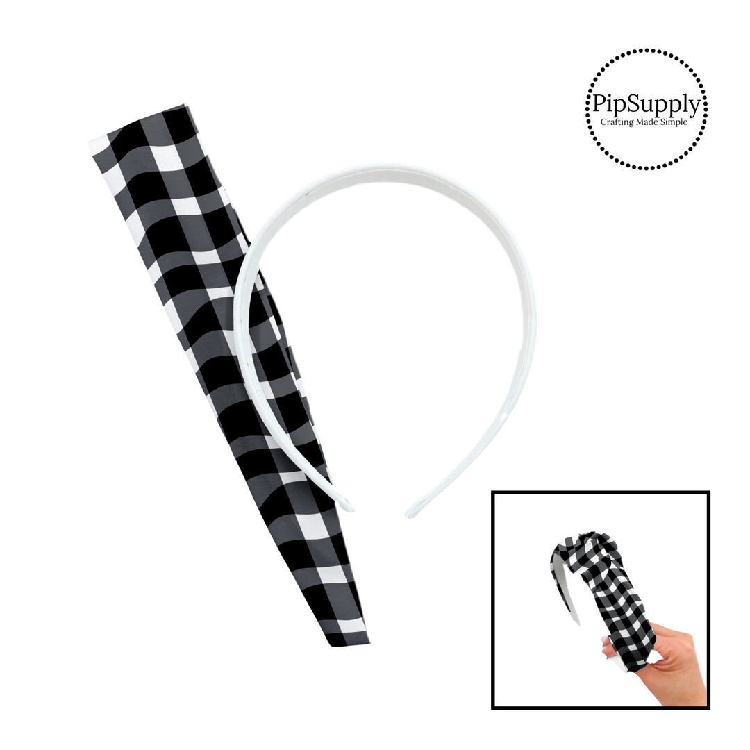 These school themed patterned headband kits are easy to assemble and come with everything you need to make your own knotted headband. These fun kits include a custom printed and sewn fabric strip and a coordinating velvet headband. This cute pattern feature black and white gingham waves.