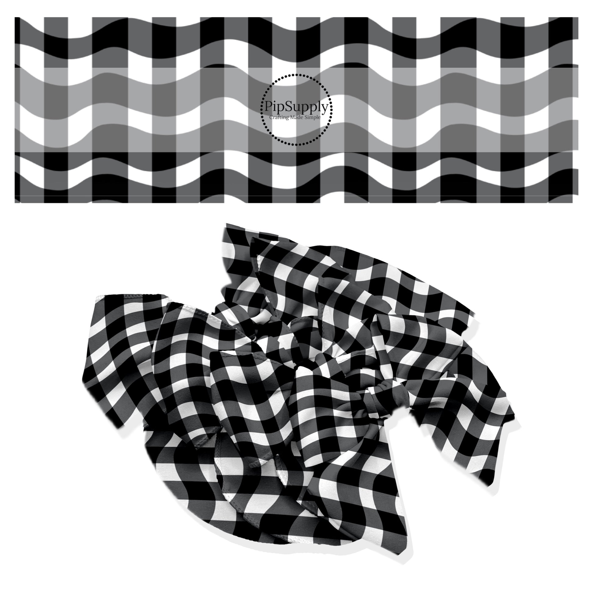 These school themed no sew bow strips can be easily tied and attached to a clip for a finished hair bow. These fun patterned bow strips are great for personal use or to sell. These bow strips feature black and white gingham waves.