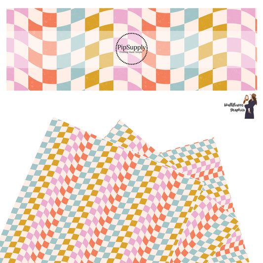 Pink, orange, blue, and green multi wavy checkered faux leather sheets