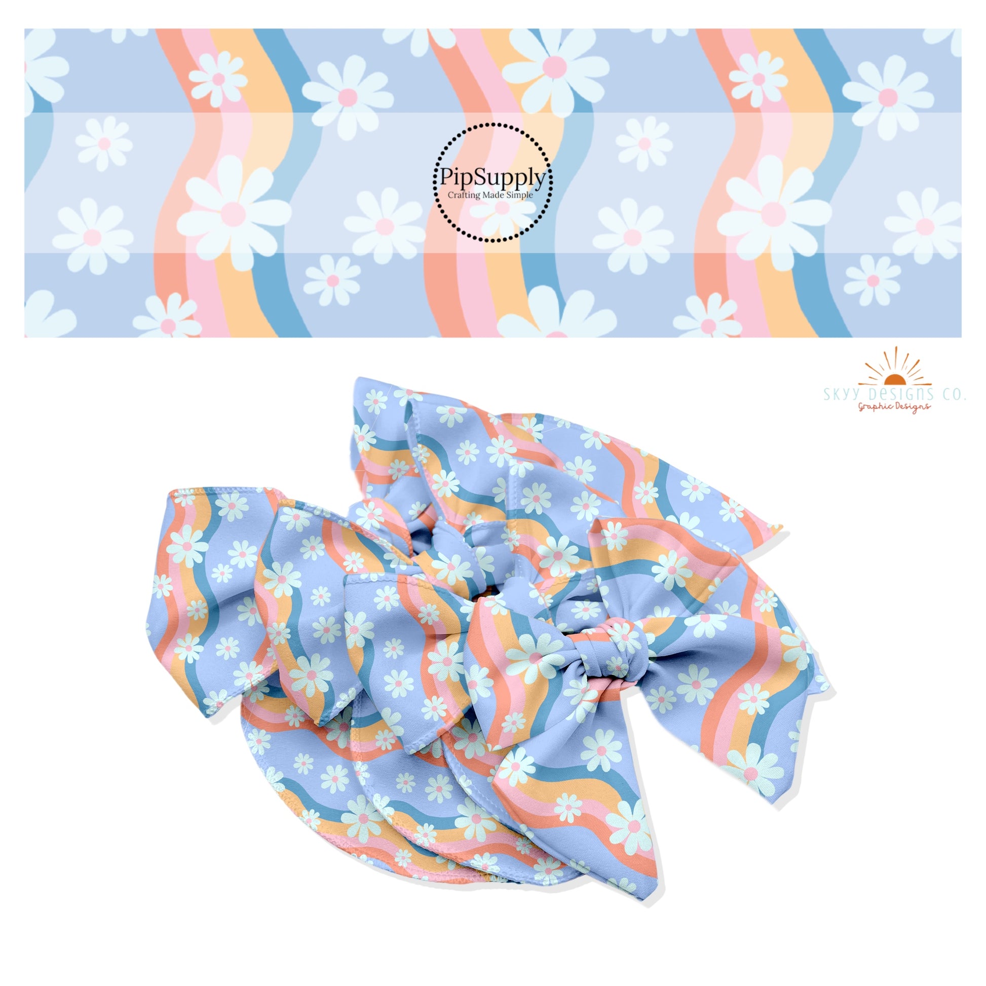 Wavy pastel rainbow stripes with white daisies with various sizes on periwinkle hair bow strips.