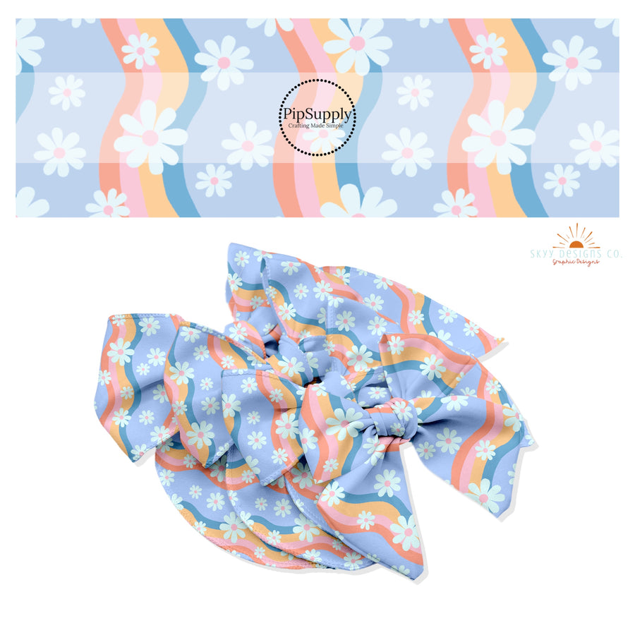 Wavy pastel rainbow stripes with white daisies with various sizes on periwinkle hair bow strips.