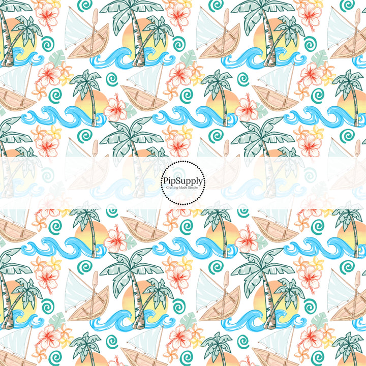 These magical princess themed fabric by the yard features raft, palm trees, and waves. This fun pattern fabric can be used for all your sewing and crafting needs!