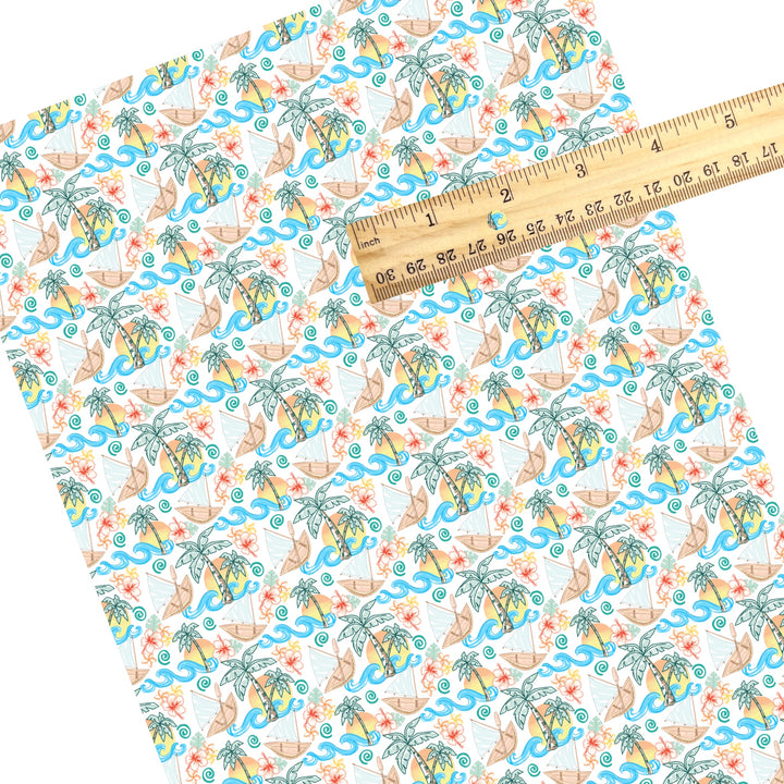 These magical princess themed faux leather sheets contain the following design elements: raft, palm trees, and waves. Our CPSIA compliant faux leather sheets or rolls can be used for all types of crafting projects.
